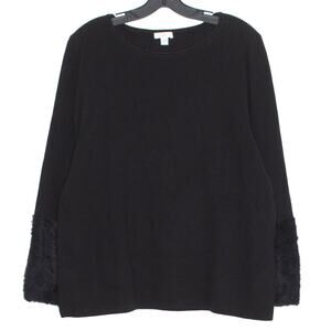 J Jill Womens Sweater Faux Fur Cuffs Long Sleeve Black Size XL Petite BD